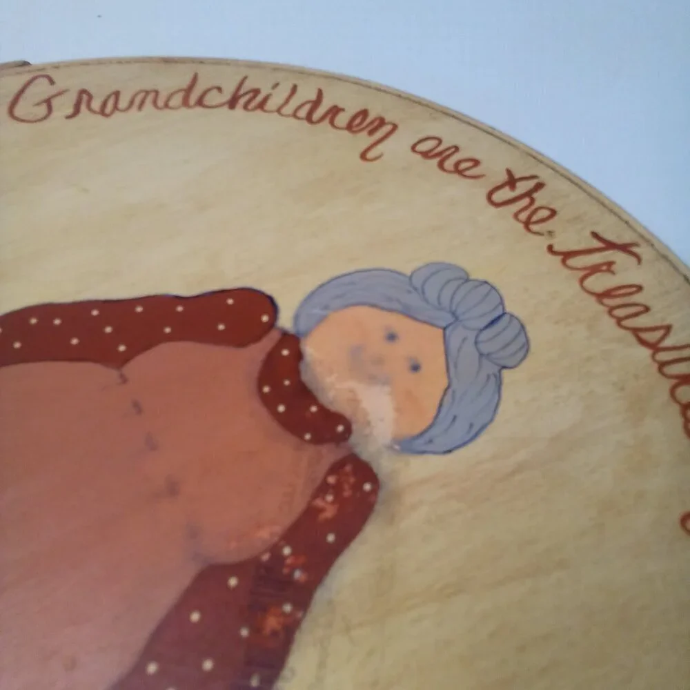 Vintage Round Cheese Box Painted Grandchildren Grandmother Cottagecore FLAW 10